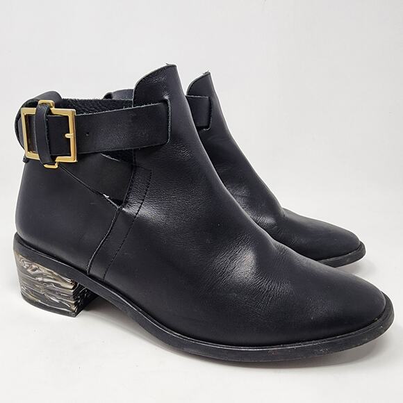 Miista Ankle Bootie Women 10 Clarissa Marbled Acrylic Heel Black Leather Buckle - Picture 2 of 13